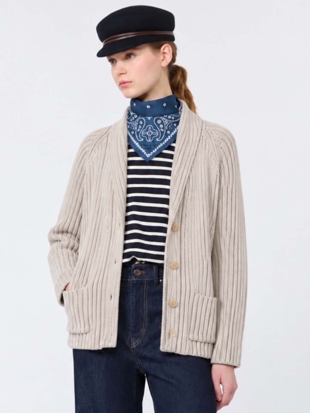 Talbots Cream Ribbed Knit Shawl Collar Pocket Cardigan Sweater NWT M